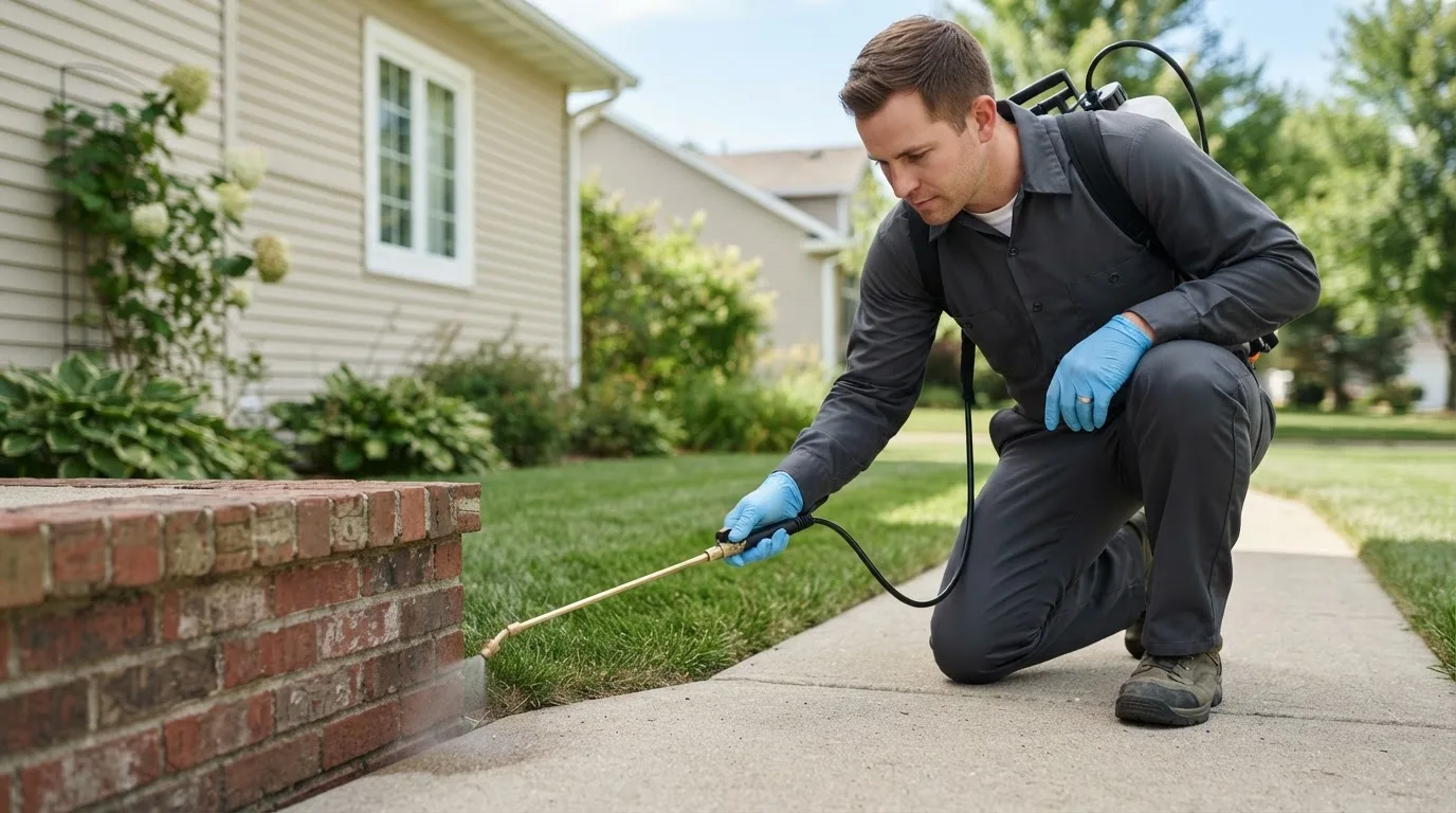 Pest control technician treating a home near Machesney Park, IL